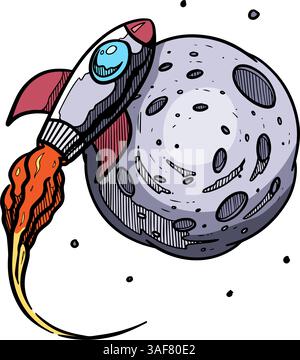 bitcoin space rocket approaching a planet hand drawn color vector illustration Stock Vector