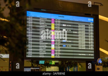 Budapest, Hungary - October 19, 2024: Digital Gateway: How Airport Screens Orchestrate Thousands of Daily Journeys Stock Photo