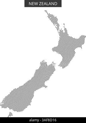 This graphic showcases a stylized map of New Zealand, featuring a unique dot pattern. The design focuses on both the North and South Islands. Stock Vector