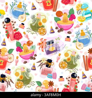 Perfume bubbles with floral and fruit fragrances seamless pattern. Flower perfumery smells. Toilet water vials. Repeated print. Essential oil. Cologne Stock Vector