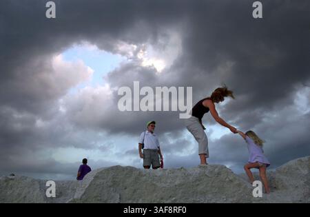SP 144770 - - DELIVER TO: NT - - 8/8/2002 - - St. Pete Beach - - CAPTION INFO: Mandi Laubach (cq) gives her two-year-old daughter, Hope, a helping hand as she climbs a sand wall that was created by erosion at Upham Beach in St. Pete Beach Thursday evening. Hope had been collecting souvenir seashells with her sisters Halie (cq) and Hanna (cq) to take back to their home in Louisville, KY. Mandi and her husband Jimmy (cq) (far left) brought their kids to visit St. Pete Beach resident Jim Laubach (cq) (Credit Image: St Petersburg Times/ZUMAPRESS.com) Stock Photo