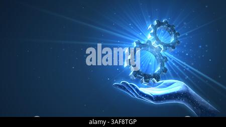 Hand holding 3d gear mechanism. Engine solution, digital technical support. Stock Vector