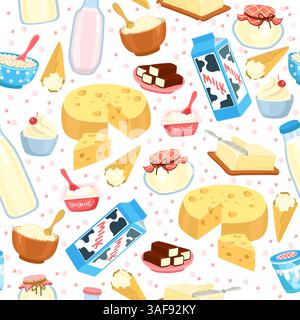Milk products seamless pattern. Dairy food. Milky meal. Ice cream. Cheese piece. Repeated print. Cottage curd. Butter and yoghurt. Kefir bottle. Whipp Stock Vector