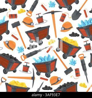 Miner tools. Mining seamless pattern. Wooden cart. Dynamite detonator. Repeated print. Pickaxe or jackhammer. Trolley with gold ore or mineral crystal Stock Vector