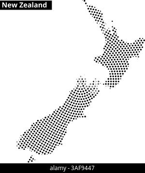 This graphic showcases a stylized map of New Zealand, featuring a unique dot pattern. The design focuses on both the North and South Islands. Stock Vector