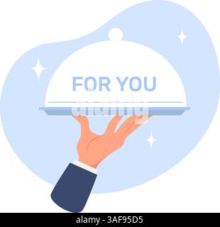 Man hand holds tray with lid and inscription for you. Catering service. Cafe staff carrying plate. Cloche cap. Waiter arm with dinner dish. Kitchen ch Stock Vector