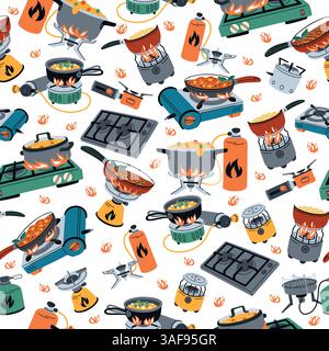 Gas equipment. Camping stoves seamless pattern. Portable burners for outdoor cooking. Fuel cylinder. Repeated print. Camp furnaces. Saucepan on oven. Stock Vector