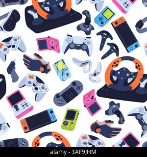 Game consoles and joysticks seamless pattern. Video gaming controllers. Gamers gadgets. Steering wheel. Repeated print. Cybersport gamepads. Arcade jo Stock Vector