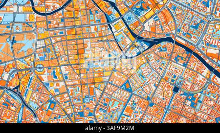 Colorful Berlin Art Map with Labels and Buildings with many details for urban roads, paths and disctricts. Stock Photo