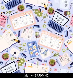 Desk with notepad and stationery. Office workplace seamless pattern. Notebook paper. Button or stapler. Messy workspace. Laptop on table top view. Bus Stock Vector