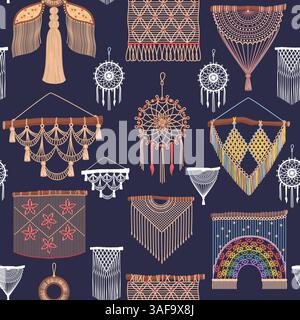 Beautiful wicker seamless pattern. Dream catchers with Indian ornaments and symbols. Repeated print. Scandinavian macrame. DIY accessory. Boho knitted Stock Vector