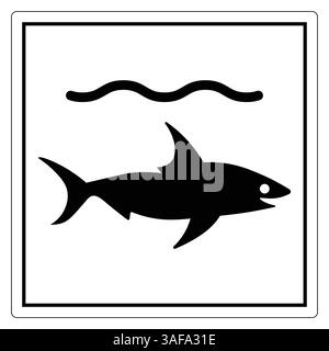 Black and White Graphic Illustration of a Shark Swimming with Stylized Waves Above It Stock Vector