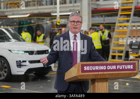 Prime Minister Sir Keir Starmer speaking during a visit to Jaguar Land Rover in Birmingham. Picture date: Monday April 7, 2025. Stock Photo