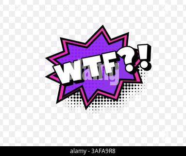WTF Comic Expression in Bold Pop Art Style with Purple Speech Bubble and Halftone Dots. Fun and Shocking Reaction Design for Memes, Stickers, and Stock Vector