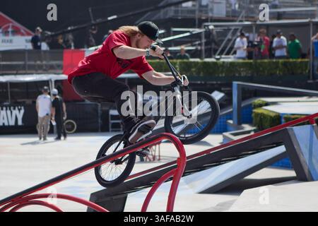 Aug. 01, 2010 - Los Angeles, CA, United States of America - 1 August 2010: Ty Morrow slides up the rail in BMX Street at the X Games (Credit Image: SGM/ZUMAPRESS.com) Stock Photo