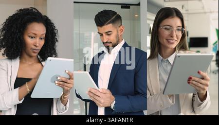 Three multinational business professionals using digital tablets, collage view Stock Photo