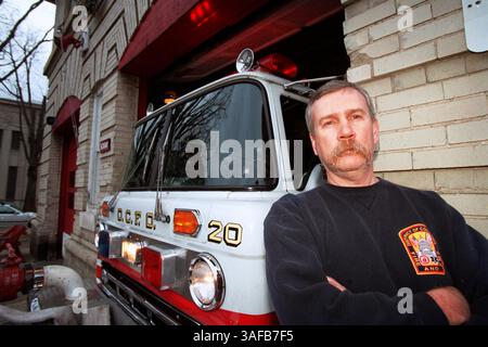 DC Fire Dept. Engine 20 is in dire need of repairs to a crumbling building. Firefighter Dennis McVey points out the narrow doorways to the building that will not allow any newer engines because of their size. This engine is the oldest in the fleet and cannot be replaced because of its smaller size. Preservationists are trying to keep the exterior of the building in tact even though new fire trucks do not fit in the doorways. Thursday, January 7, 2002 (Credit Image: The Washington Times/ZUMAPRESS.com) Stock Photo