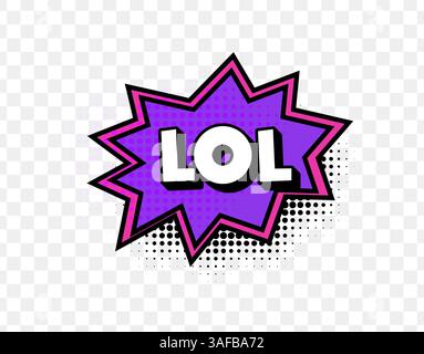 LOL Comic Style Text With Purple Starburst, Bold Font, And Halftone Dots On Transparent Background. Fun Pop Art Expression For Humor And Reactions Stock Vector