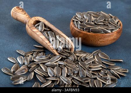 A bowl full of in-shell sunflower seeds on dark background Stock Photo