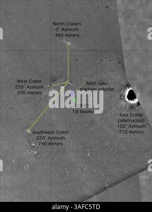 Feb 09, 2004; Edwards, CA, USA; "X" Marks the Spot .This map of the Mars Exploration Rover Opportunity's new neighborhood at Meridiani Planum, Mars, shows the surface features used to locate the rover. By imaging these "bumps" on the horizon from the perspective of the rover, mission members were able to pin down the rover's precise location. The image consists of data from the Mars Global Surveyor orbiter, the Mars Odyssey orbiter and the descent image motion estimation system located on the bottom of the rover..  (Credit Image: ZUMA Press/ZUMAPRESS.com) Stock Photo