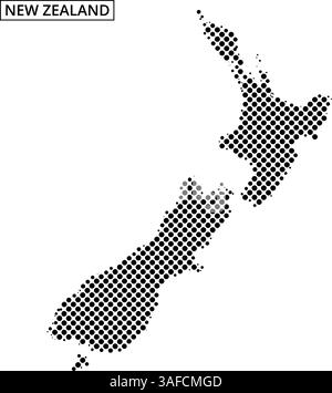 This graphic showcases a stylized map of New Zealand, featuring a unique dot pattern. The design focuses on both the North and South Islands. Stock Vector