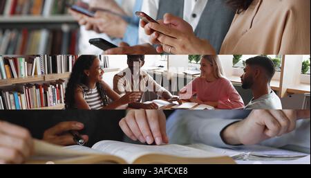 Collage of multiracial students engaged in activity in library Stock Photo
