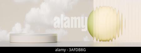 A minimalist showcase featuring a round pedestal and a glass ribbed panel against a cloud patterned backdrop. 3d rendering Stock Photo