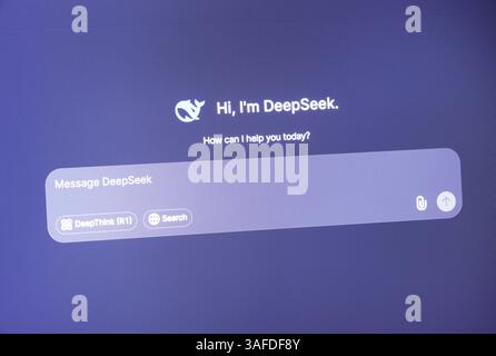 Deepseek ai interface with interactive messaging and search options on screen. Stock Photo