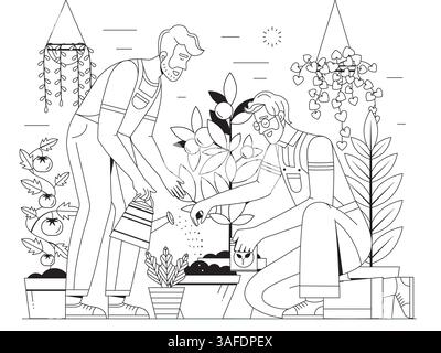 Gay Couple Planting and Watering Vegetable Plants Stock Vector