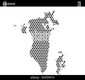 This artwork showcases an outline of Bahrain filled with a unique dot pattern, set against an abstract background. Stock Vector