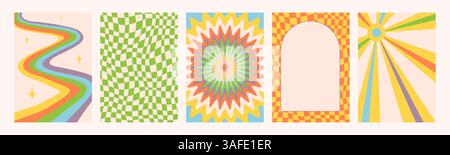Abstract psychedelic Groovy backgrounds in retro colors. Retro pattern set. Trendy vector texture in abstract y2k style. Vector graphic for posters Stock Vector