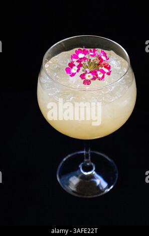 Elegant cocktail served in a stemmed glass filled with crushed ice, garnished with a cluster of vibrant pink edible flowers, against a dramatic black Stock Photo