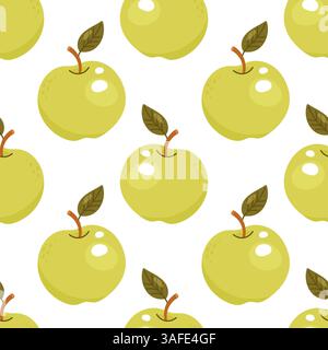 Seamless green apple pattern with cartoon style and cute leaves Stock Vector
