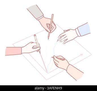 A diverse group collaborates on an exciting drawing project, showcasing their teamwork and unique creativity Stock Vector