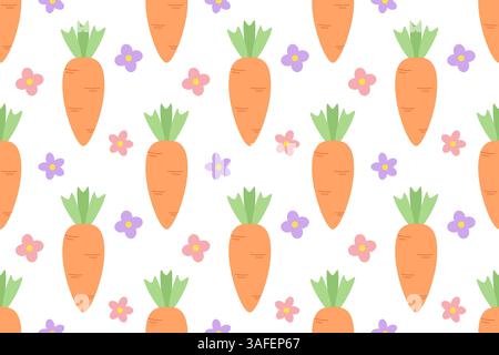 Seamless colorful pattern with carrots and pink and purple flowers.Simple flat style on white. Ideal for wrapping paper, children's textile, gardening, farming, Easter and healthy lifestyle themes Stock Vector