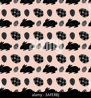 Repeating seamless pattern with black Easter bunnies silhouettes and decorative Easter eggs on a soft beige background. Perfect for wrapping paper. Stock Vector