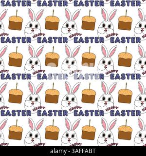 Seamless pattern featuring anthropomorphic characters - Easter bunnies eggs faces, festive Easter cakes, and - Happy Easter - text. Stock Vector