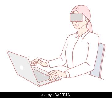A woman, fully immersed in her virtual reality experience while using her laptop, is demonstrating the exciting and innovative fusion of cuttingedge technology with modern remote work environments Stock Vector
