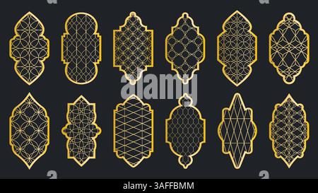 Traditional islamic windows with golden patterns. Set of arabic shapes from golden interlacing lines with transparent background. Beautiful arches Stock Vector