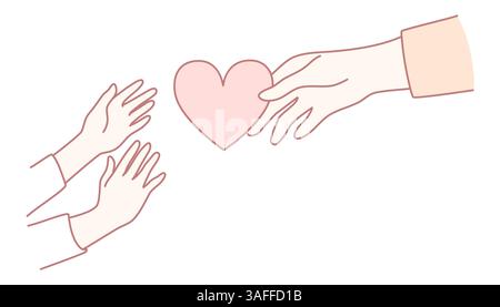 An artistic illustration depicting two hands gently exchanging a heart, symbolizing love and connection between people Stock Vector