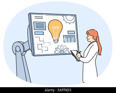 Woman industrial engineer is working on creation of robotics standing near monitor with gears and light bulb. Girl engineer is engaged in digitalization of production and implementation of robotics Stock Vector