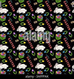 Colorful seamless pattern featuring white rabbits or Easter bunnies, tulips, festive text, and decorative elements on a black background. Stock Vector