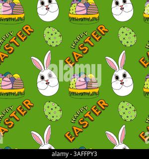 Seamless pattern of anthropomorphic characters - Easter bunnies eggs, Easter egg baskets, and decorative eggs on a green background. Stock Vector