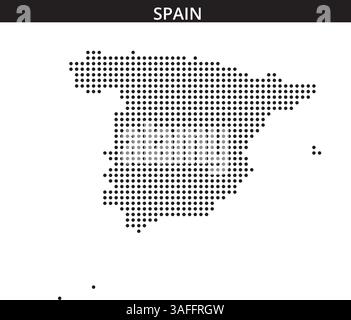 A dotted map highlights the geographical shape of Spain, focusing on its distinctive outline and features. Stock Vector