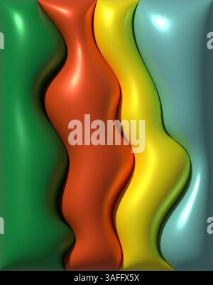 Tile divided into four vertical wavy panels in green, red, yellow, and light blue, with a glossy, fluid appearance, 3d rendering illustration Stock Photo