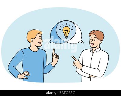 Man is doing joint brainstorming session, discussing ideas for making money, standing near speech bubbles with light bulb. Teamwork of student guys using brainstorming to find consensus Stock Vector