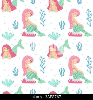 Seamless mermaid pattern with pink-haired mermaids, coral, and seaweed on light background. Stock Vector