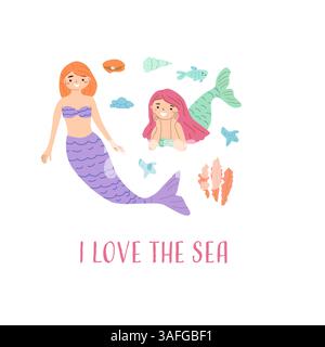 Illustration of two young female mermaids with sea creatures. Stock Vector