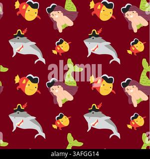 Cartoon sea creatures pattern with mermaids, sharks, and fish on red background. Stock Vector