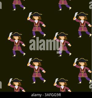 Seamless pattern of animated female pirates with swords in purple attire. Stock Vector